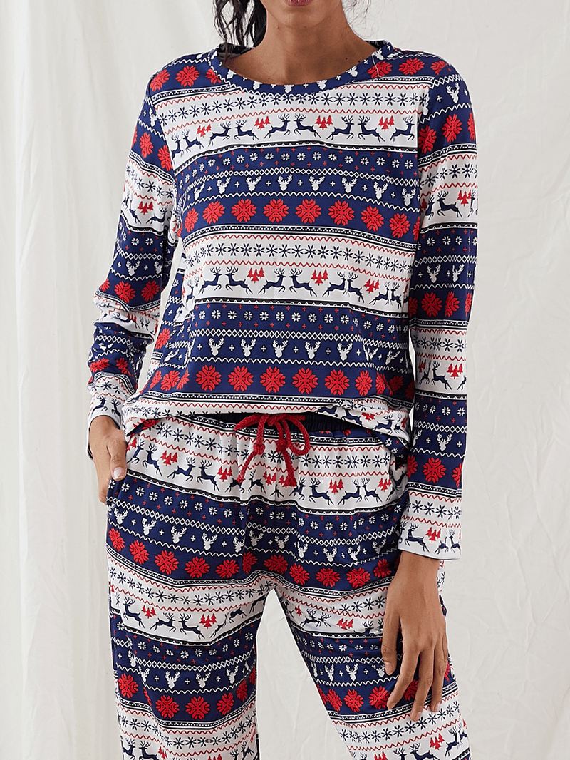 Kvinder Christmas Tegneserie Vintage Med Tryk Langærmet Pullover Snøre Jogger Bukser Hjem Pyjamas Sæt