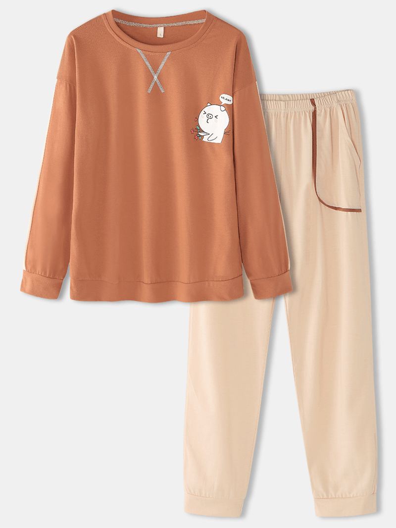 Kvinder Cute Pig Langærmet Sweatshirt Løse Joggingbukser Home Lounge Pyjamassæt