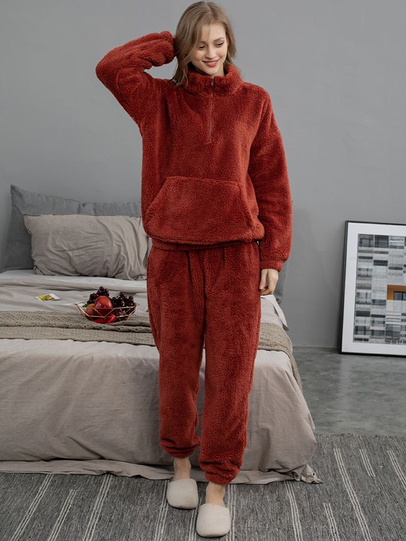 Kvinder Ensfarvet Plys Fluffy Kangaroo Pocket Pullover Joggerbukser Hjem Pyjamas Sæt