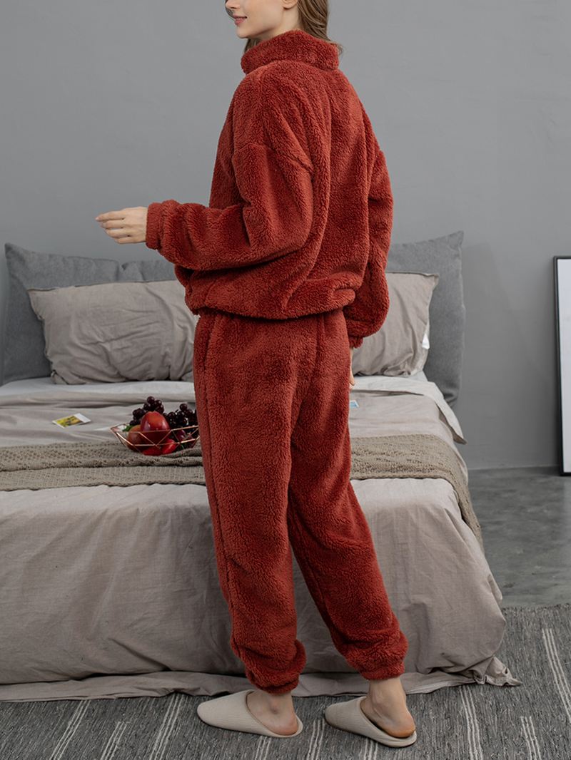 Kvinder Ensfarvet Plys Fluffy Kangaroo Pocket Pullover Joggerbukser Hjem Pyjamas Sæt