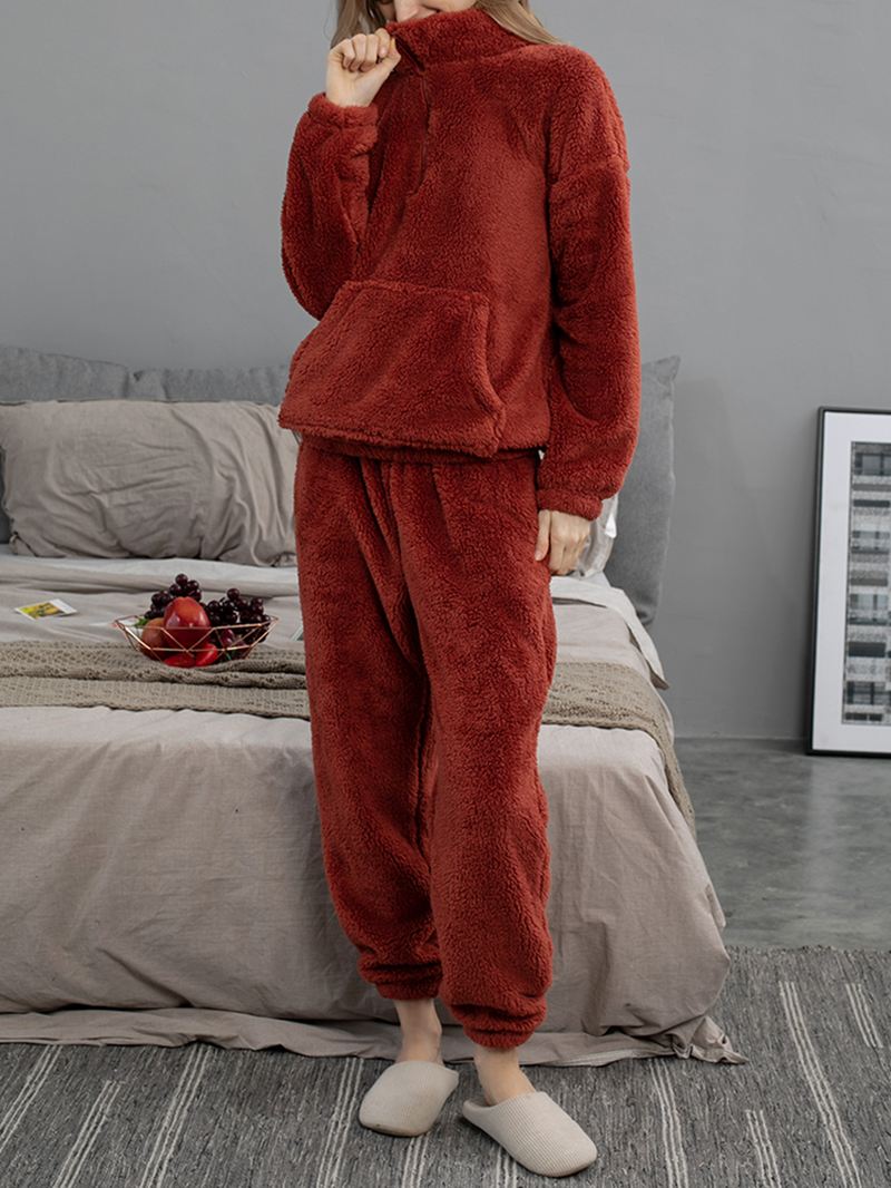 Kvinder Ensfarvet Plys Fluffy Kangaroo Pocket Pullover Joggerbukser Hjem Pyjamas Sæt