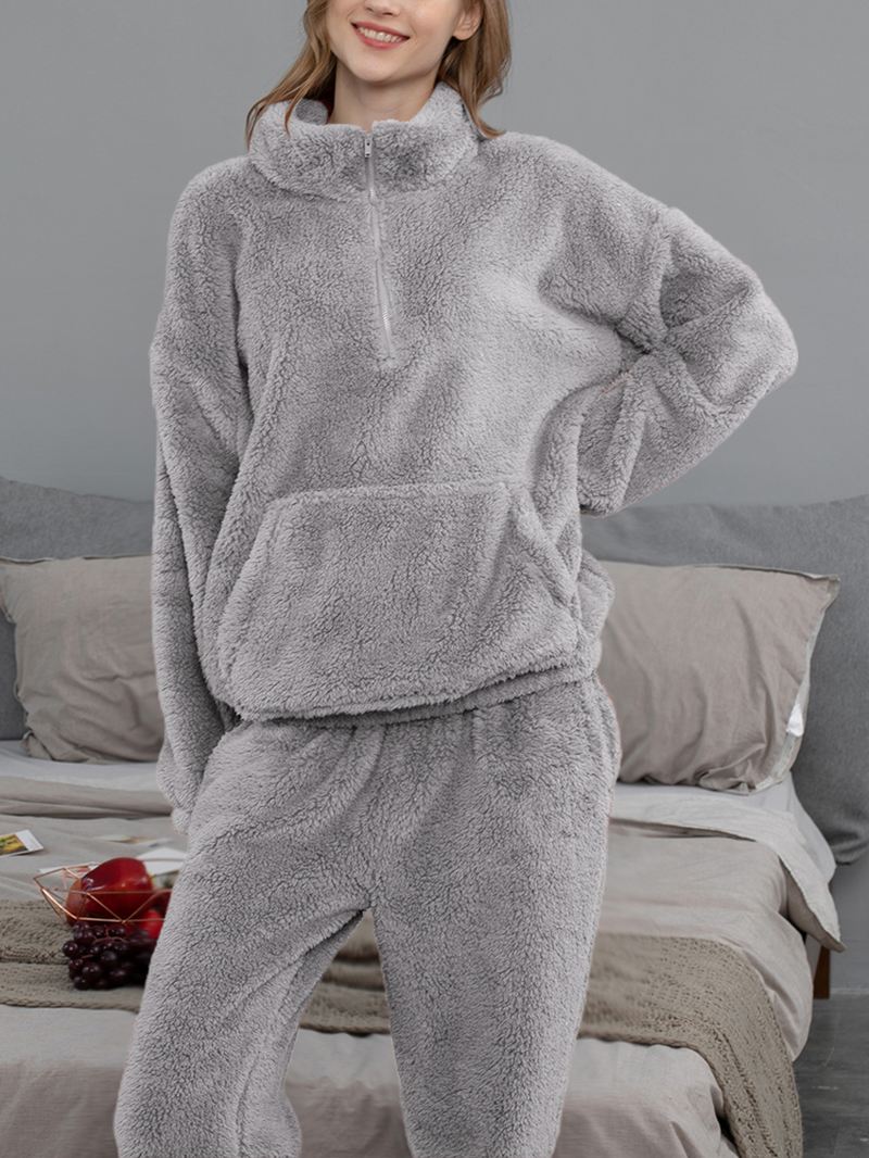 Kvinder Ensfarvet Plys Fluffy Kangaroo Pocket Pullover Joggerbukser Hjem Pyjamas Sæt