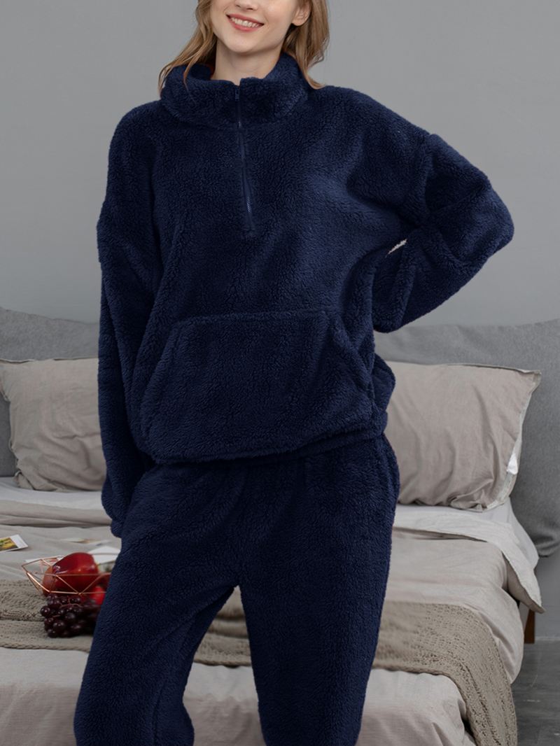 Kvinder Ensfarvet Plys Fluffy Kangaroo Pocket Pullover Joggerbukser Hjem Pyjamas Sæt