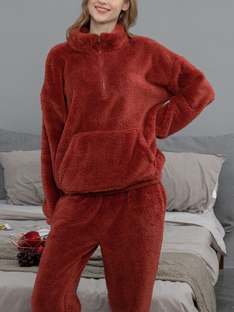 Kvinder Ensfarvet Plys Fluffy Kangaroo Pocket Pullover Joggerbukser Hjem Pyjamas Sæt