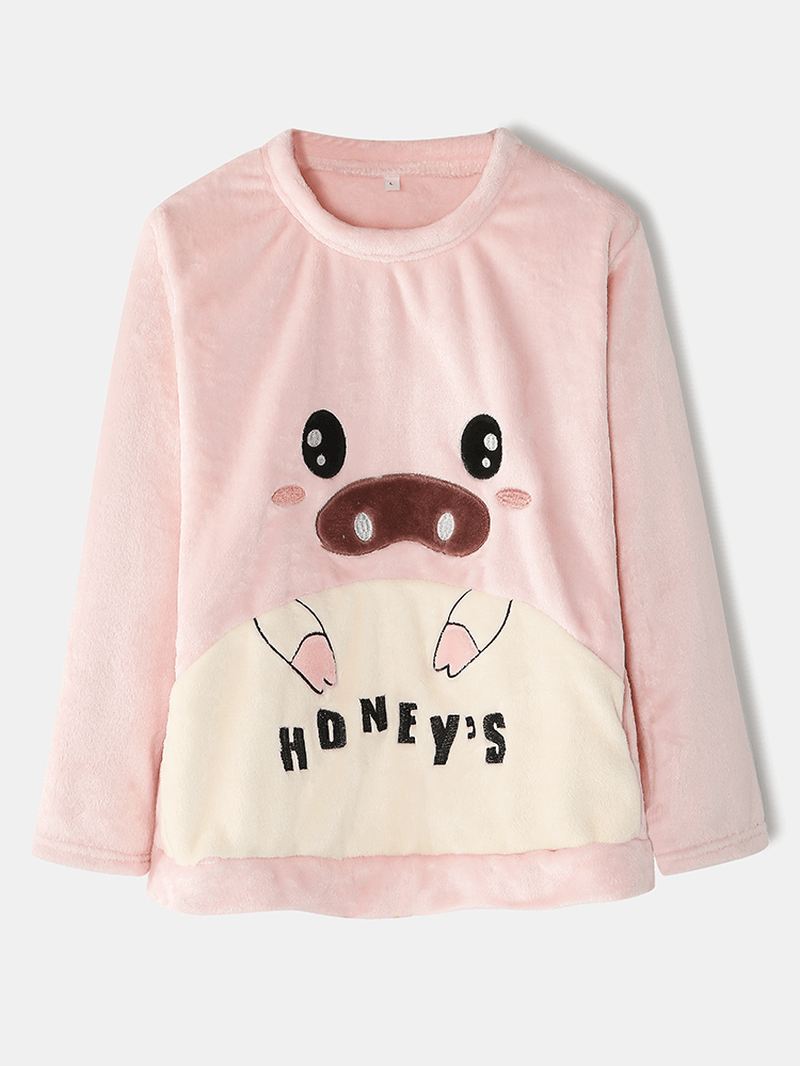 Kvinder Flannel Pig Grafik Langærmede Sweatshirts Elastiske Taljebukser Thicken Home Pyjamassæt