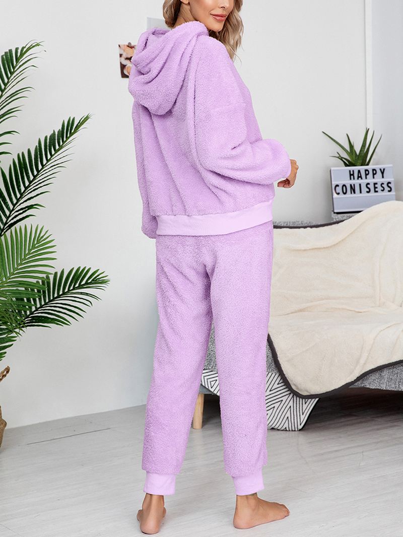 Kvinder Fleece Tyk Ensfarvet Pullover Hættetrøje Joggerbukser Hjem Casual Pyjamas Sæt