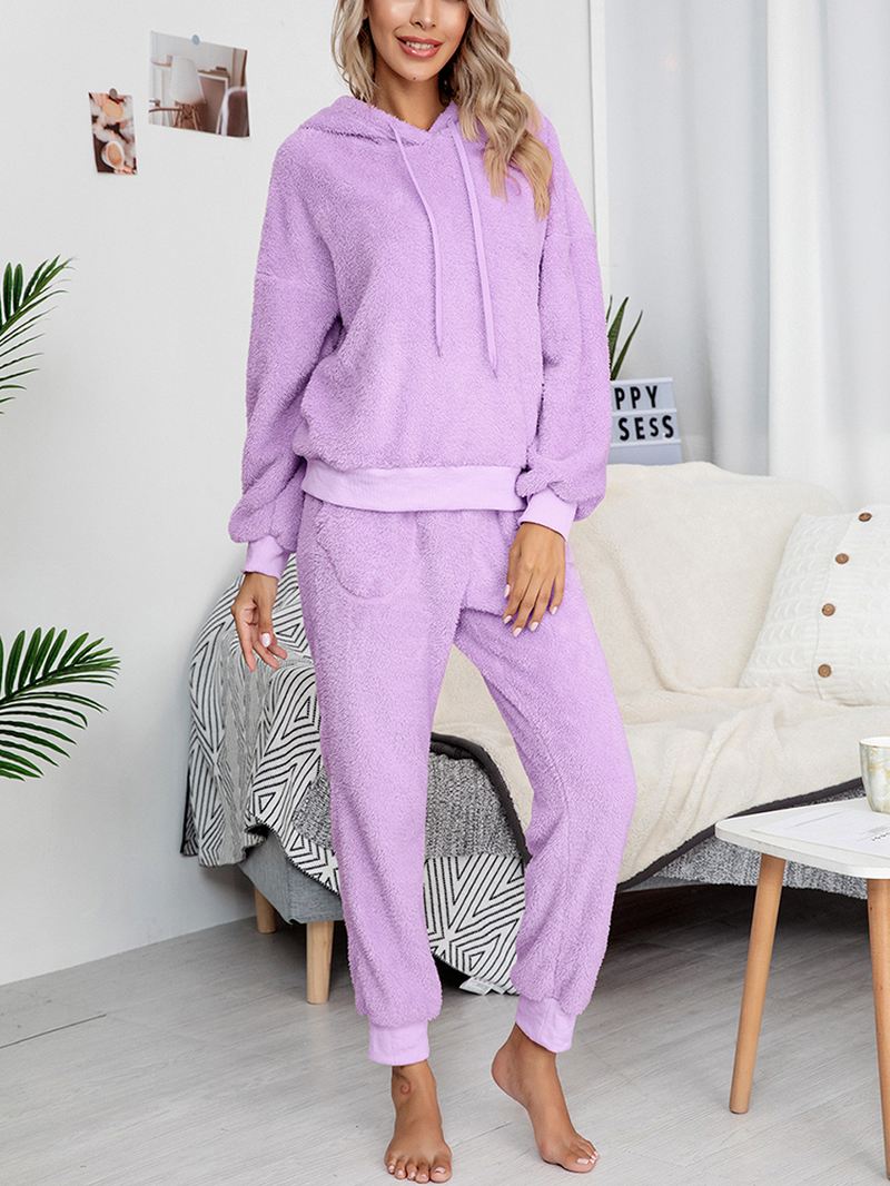 Kvinder Fleece Tyk Ensfarvet Pullover Hættetrøje Joggerbukser Hjem Casual Pyjamas Sæt