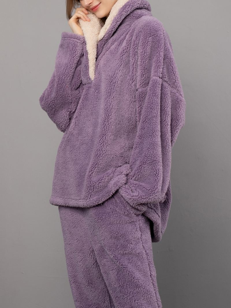 Kvinder Fluffy Plush Thicken Lapel High Low Hem Loungewear Warm Pyjamas Set