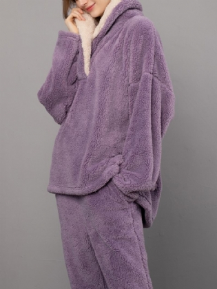 Kvinder Fluffy Plush Thicken Lapel High Low Hem Loungewear Warm Pyjamas Set