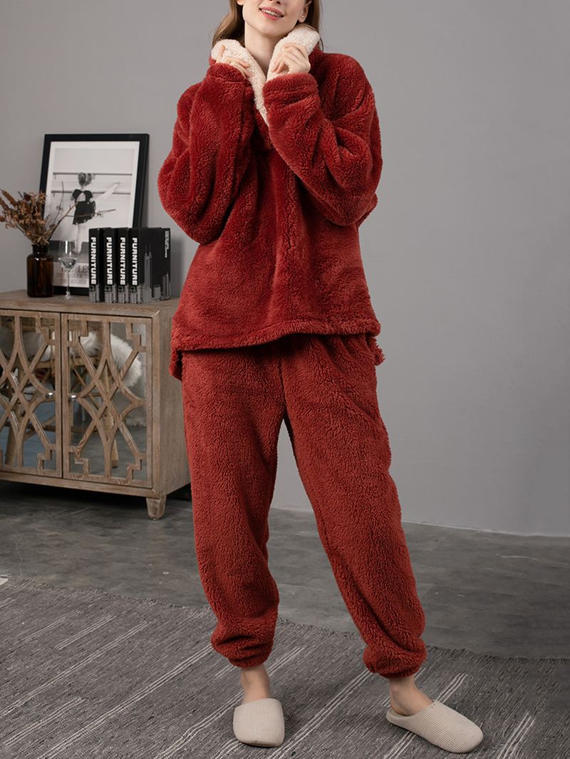 Kvinder Fluffy Plush Thicken Lapel High Low Hem Loungewear Warm Pyjamas Set