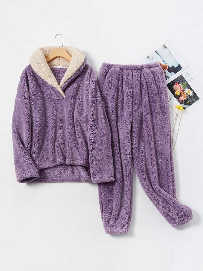 Kvinder Fluffy Plush Thicken Lapel High Low Hem Loungewear Warm Pyjamas Set