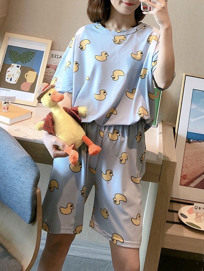 Kvinder Funny Tegneserie Animal Med Tryk Kortærmet Todelt Hjem Afslappet Pyjamas Sæt