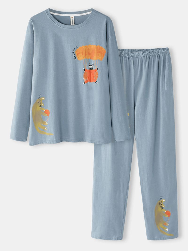 Kvinder Funny Tegneserie Kat Med Tryk Rund Hals Pullover Elastisk Talje Hjem Bomuld Pyjamas Sæt