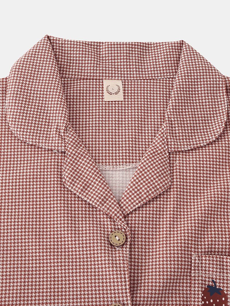 Kvinder Houndstooth Med Tryk Revere Krave Button Up Home Pyjamas Sæt