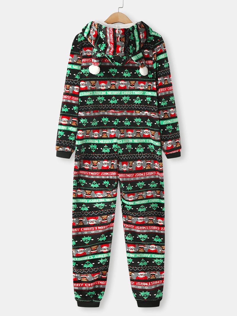 Kvinder Jul Flannel Trykt Lynlås Øre Detalje Langærmet Onesies Hættepyjamas