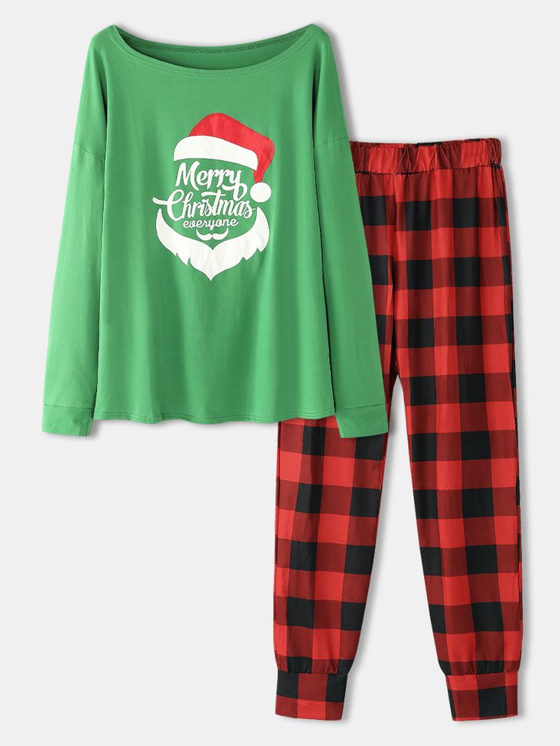 Kvinder Julebrev Grafik Langærmet Pullover Plaid Elastisk Talje Joggerbukser Hjemmepyjamassæt