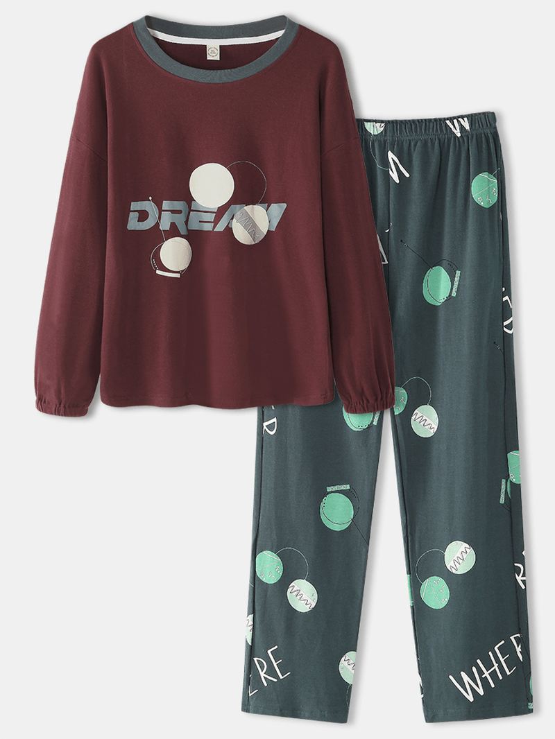 Kvinder Letter Dot Med Tryk Drop Shoulder Pullover Pullover Hjem Casual Pyjamas