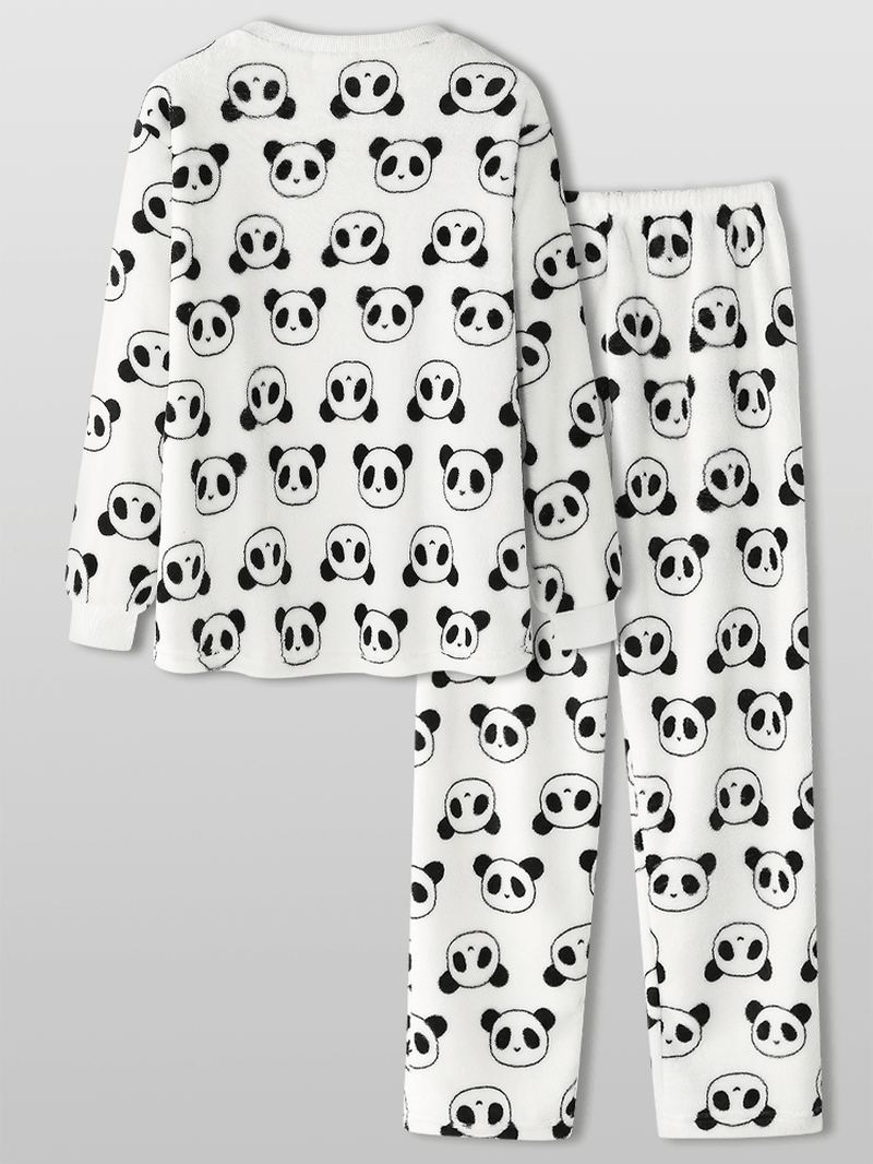 Kvinder Overalt Tegneserie Panda Langærmet Plys Varmt Hjemmepyjamassæt