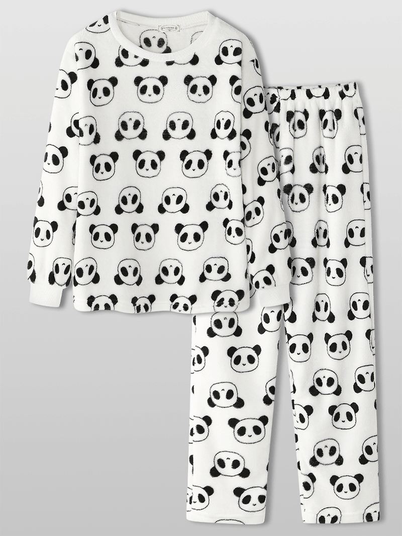 Kvinder Overalt Tegneserie Panda Langærmet Plys Varmt Hjemmepyjamassæt