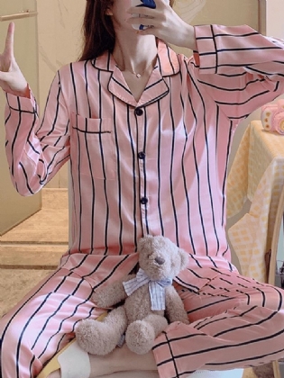 Kvinder Pink Stripe Med Tryk Camp Krave Langærmet Hjem Casual Faux Silk Pyjamas Sæt
