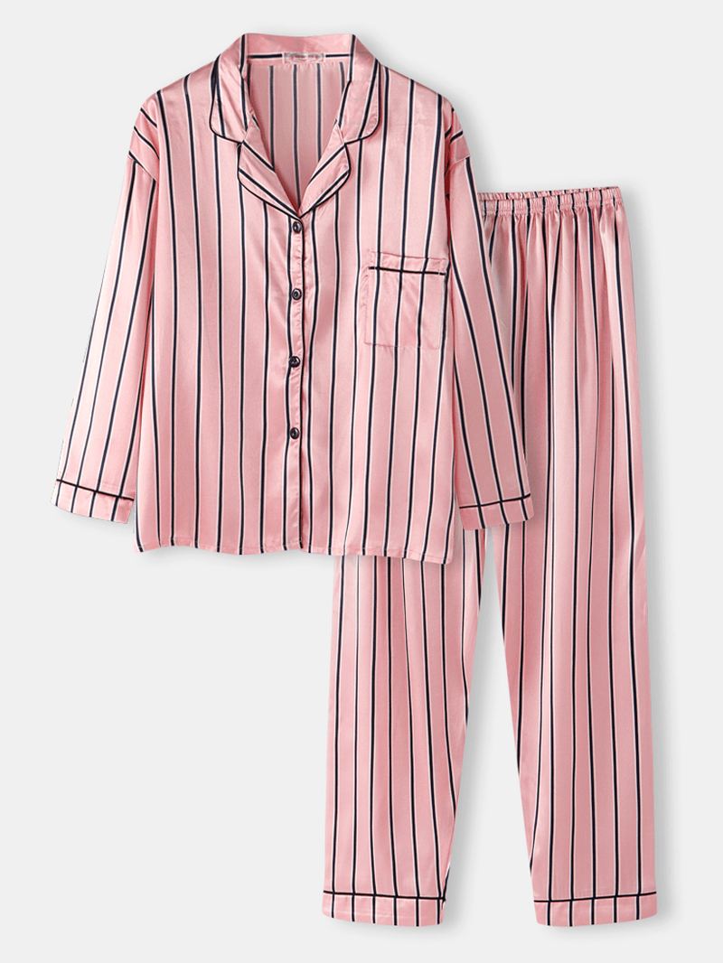 Kvinder Pink Stripe Med Tryk Camp Krave Langærmet Hjem Casual Faux Silk Pyjamas Sæt