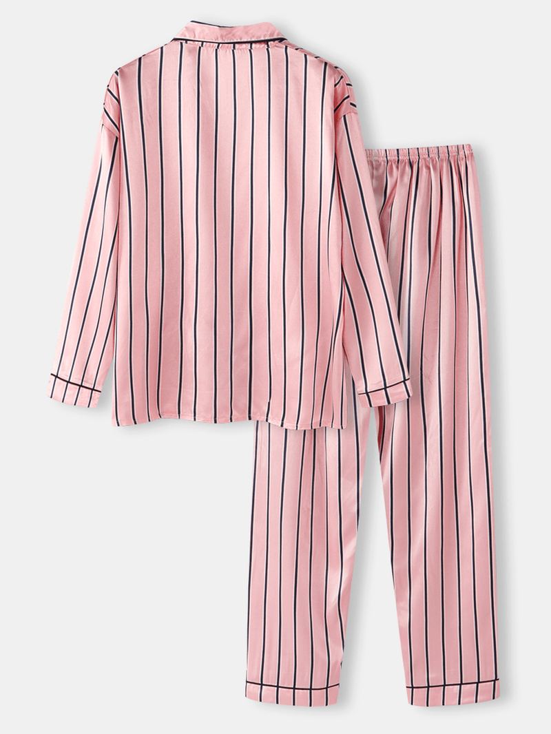 Kvinder Pink Stripe Med Tryk Camp Krave Langærmet Hjem Casual Faux Silk Pyjamas Sæt