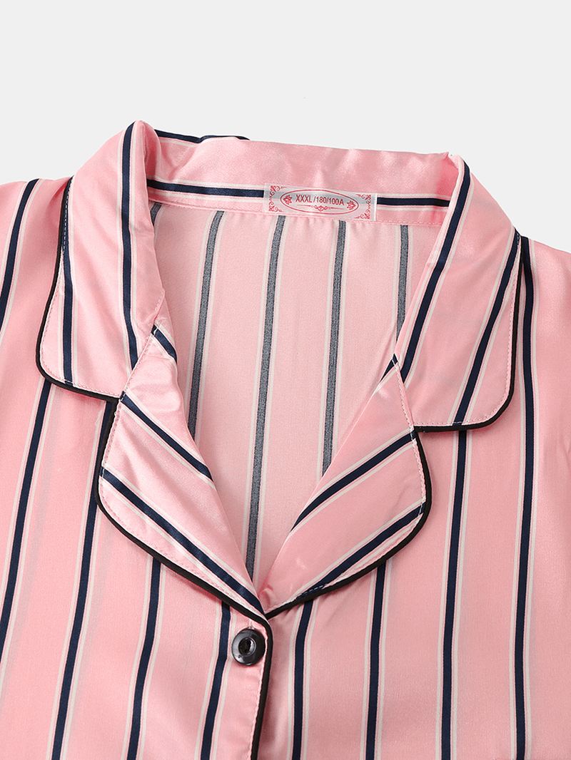 Kvinder Pink Stripe Med Tryk Camp Krave Langærmet Hjem Casual Faux Silk Pyjamas Sæt