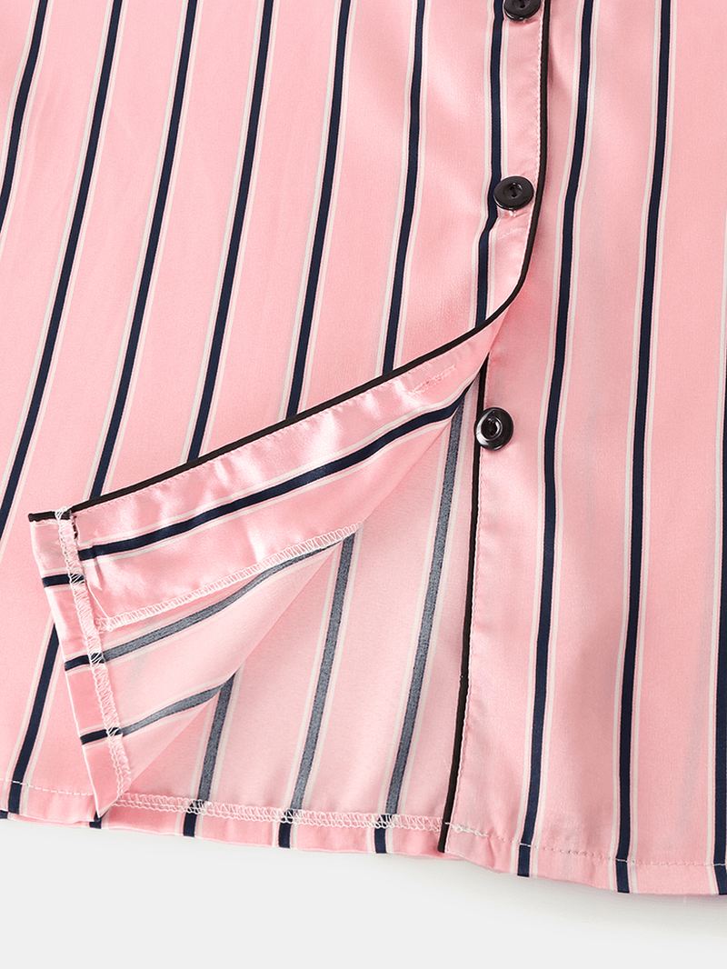 Kvinder Pink Stripe Med Tryk Camp Krave Langærmet Hjem Casual Faux Silk Pyjamas Sæt