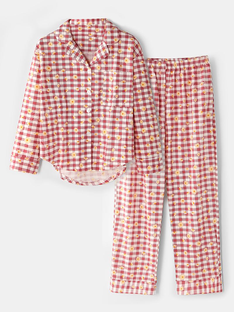 Kvinder Plaid Blomsterprint Revere Krave Skjorte Elastisk Talje Løs Lommebukser Pyjamas Sæt