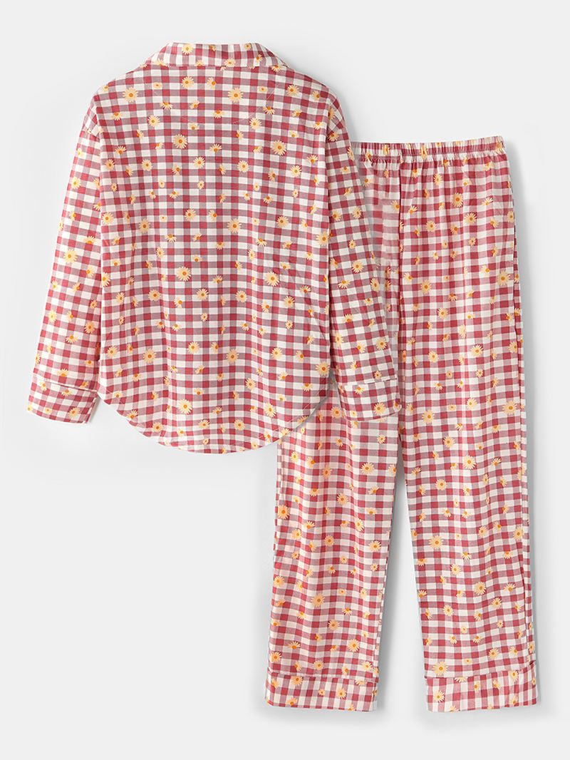 Kvinder Plaid Blomsterprint Revere Krave Skjorte Elastisk Talje Løs Lommebukser Pyjamas Sæt