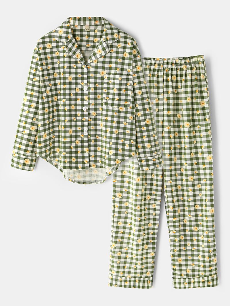 Kvinder Plaid Blomsterprint Revere Krave Skjorte Elastisk Talje Løs Lommebukser Pyjamas Sæt