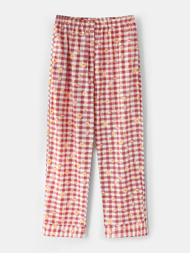 Kvinder Plaid Blomsterprint Revere Krave Skjorte Elastisk Talje Løs Lommebukser Pyjamas Sæt