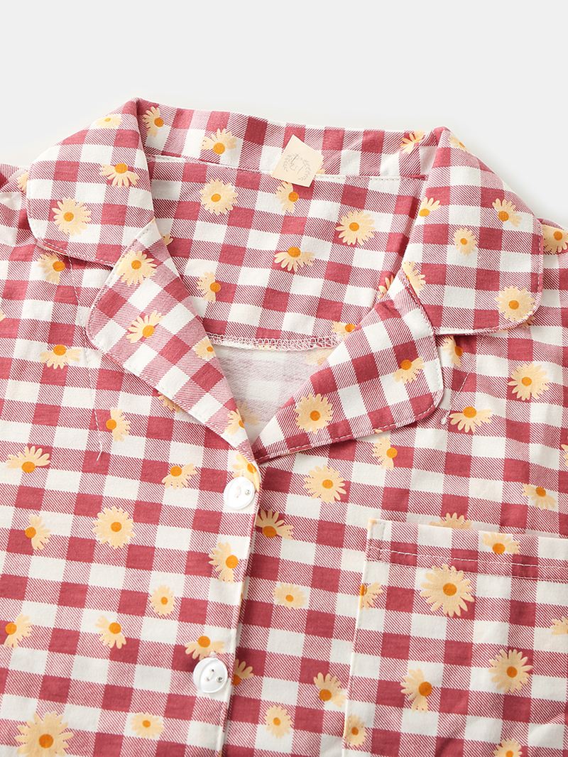 Kvinder Plaid Blomsterprint Revere Krave Skjorte Elastisk Talje Løs Lommebukser Pyjamas Sæt