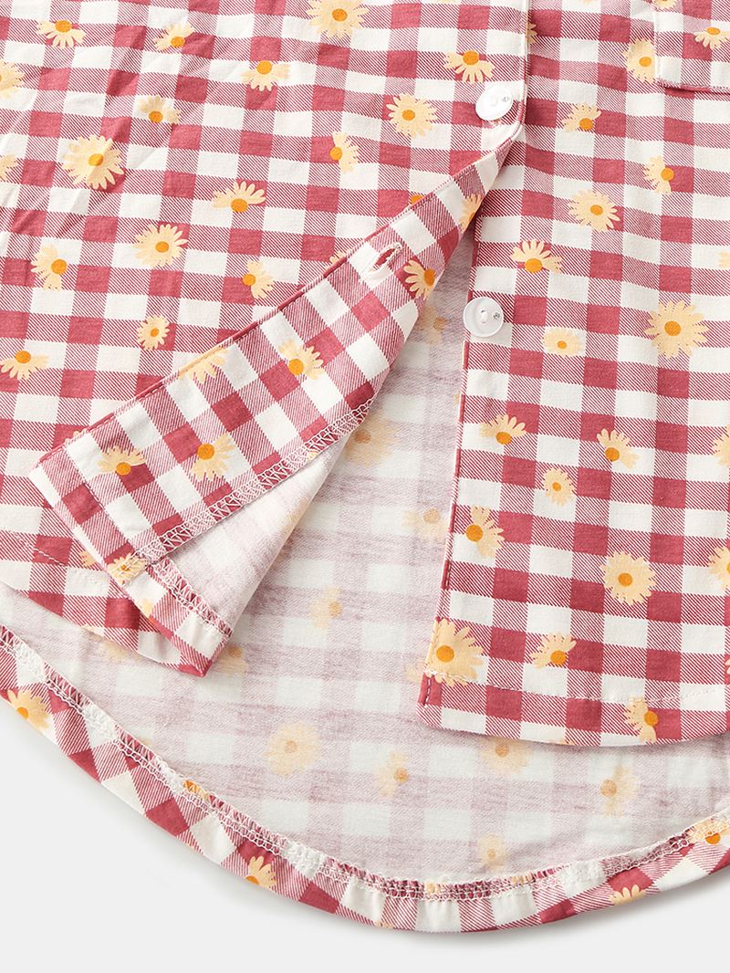 Kvinder Plaid Blomsterprint Revere Krave Skjorte Elastisk Talje Løs Lommebukser Pyjamas Sæt