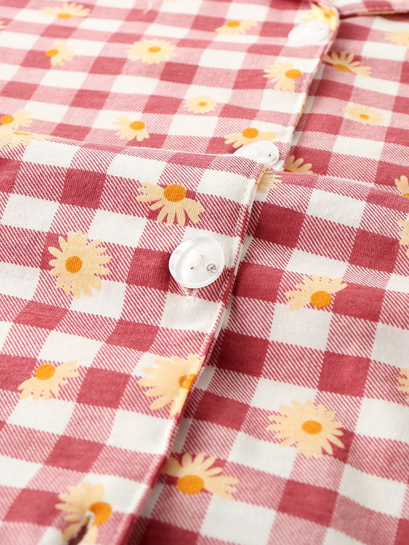 Kvinder Plaid Blomsterprint Revere Krave Skjorte Elastisk Talje Løs Lommebukser Pyjamas Sæt