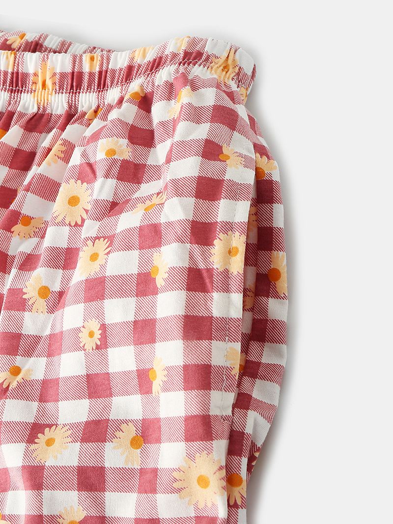 Kvinder Plaid Blomsterprint Revere Krave Skjorte Elastisk Talje Løs Lommebukser Pyjamas Sæt