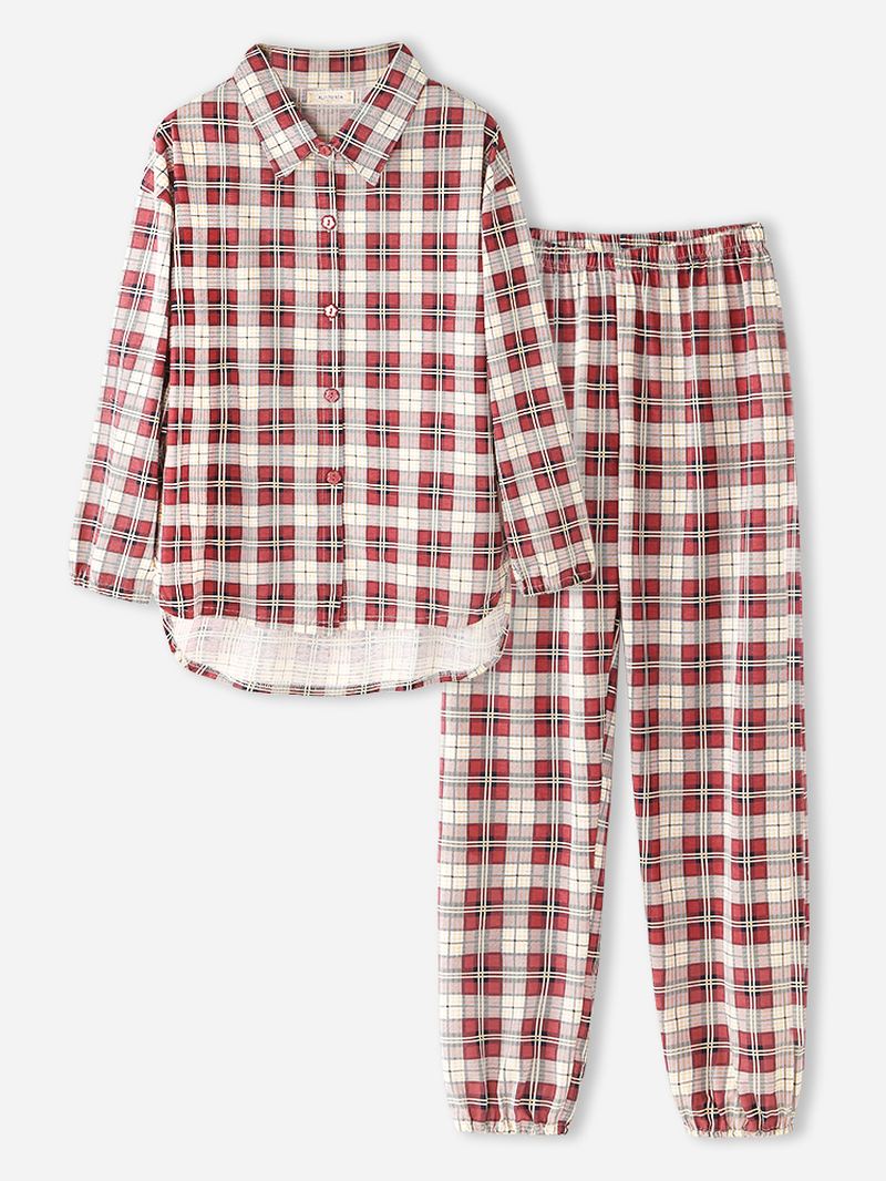 Kvinder Plaid Med Tryk Lapel High-low Hem Shirt Elastisk Taljebukser Hjemmepyjamassæt