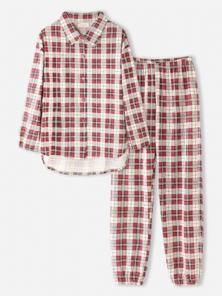 Kvinder Plaid Med Tryk Lapel High-low Hem Shirt Elastisk Taljebukser Hjemmepyjamassæt