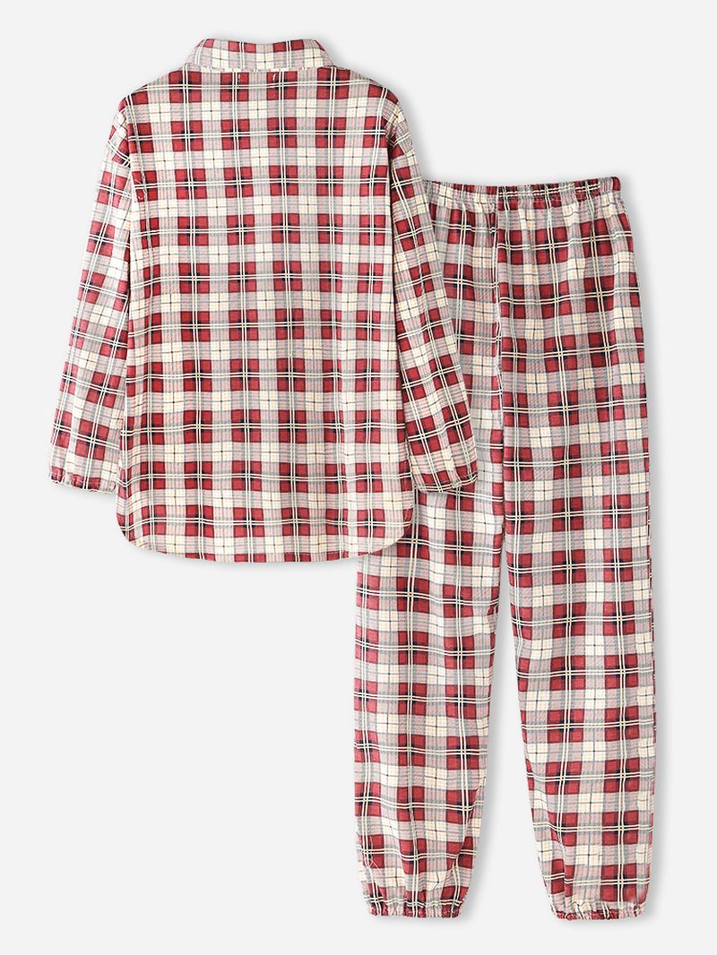 Kvinder Plaid Med Tryk Lapel High-low Hem Shirt Elastisk Taljebukser Hjemmepyjamassæt