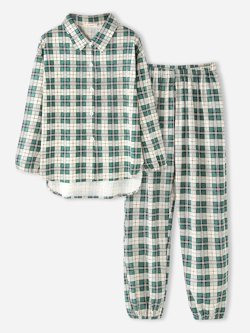 Kvinder Plaid Med Tryk Lapel High-low Hem Shirt Elastisk Taljebukser Hjemmepyjamassæt