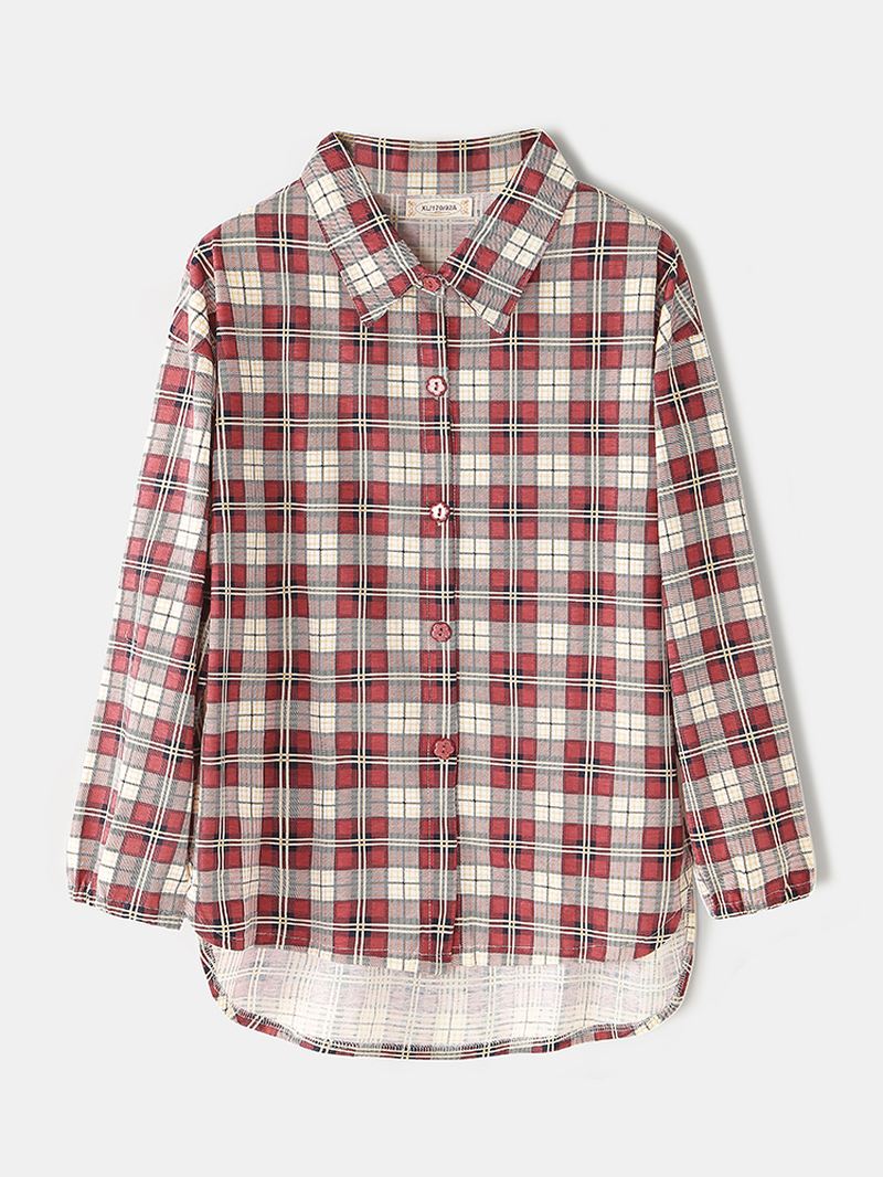 Kvinder Plaid Med Tryk Lapel High-low Hem Shirt Elastisk Taljebukser Hjemmepyjamassæt