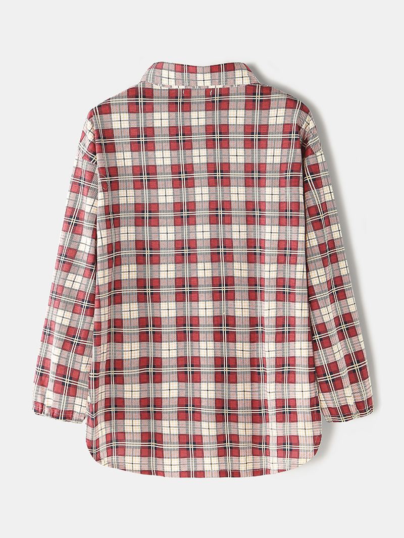 Kvinder Plaid Med Tryk Lapel High-low Hem Shirt Elastisk Taljebukser Hjemmepyjamassæt