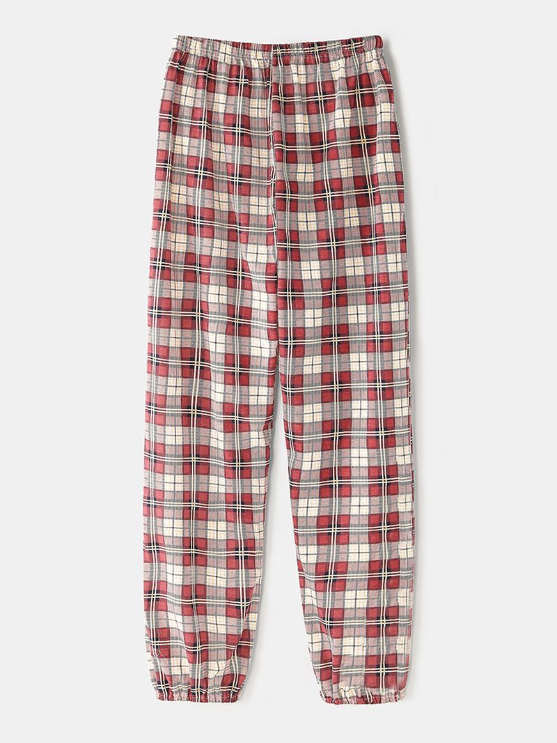 Kvinder Plaid Med Tryk Lapel High-low Hem Shirt Elastisk Taljebukser Hjemmepyjamassæt