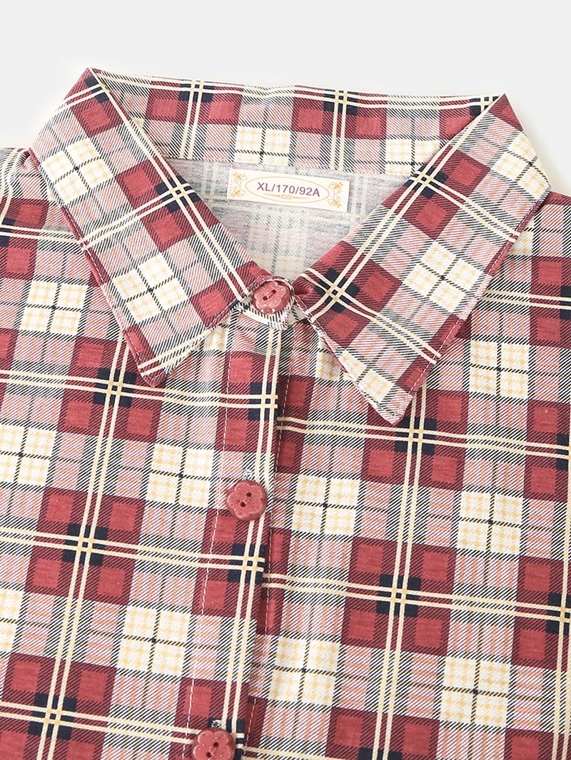 Kvinder Plaid Med Tryk Lapel High-low Hem Shirt Elastisk Taljebukser Hjemmepyjamassæt