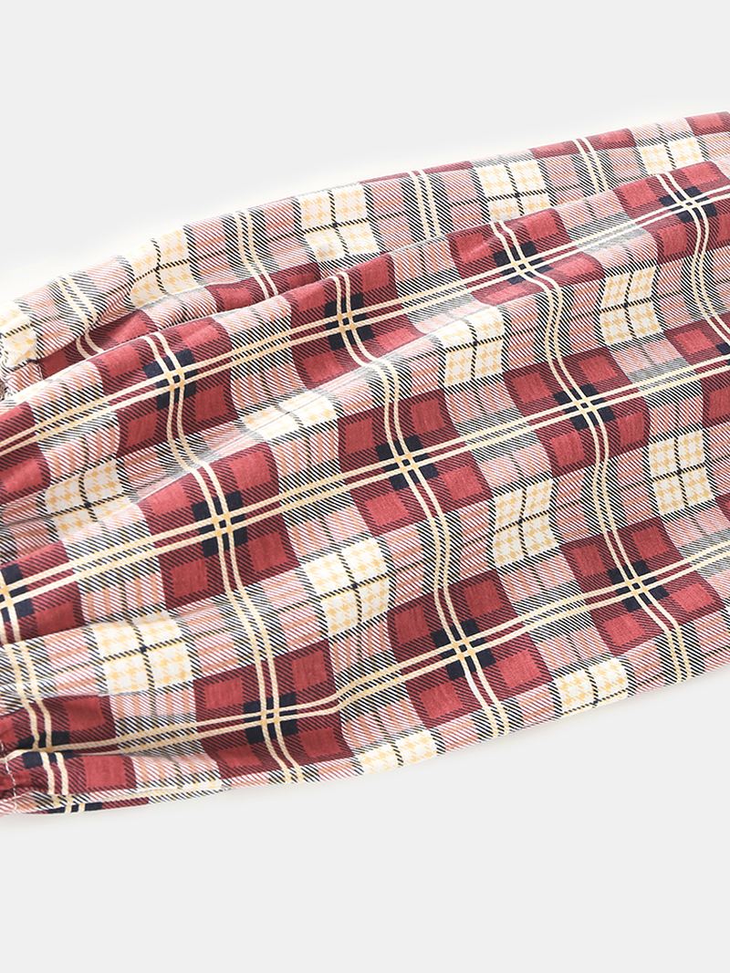 Kvinder Plaid Med Tryk Lapel High-low Hem Shirt Elastisk Taljebukser Hjemmepyjamassæt