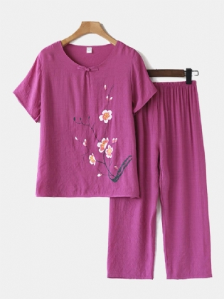 Kvinder Plus Størrelse Blomster Med Tryk Loungewear Sæt Åndbar Mandarin Button Løs Pyjamas