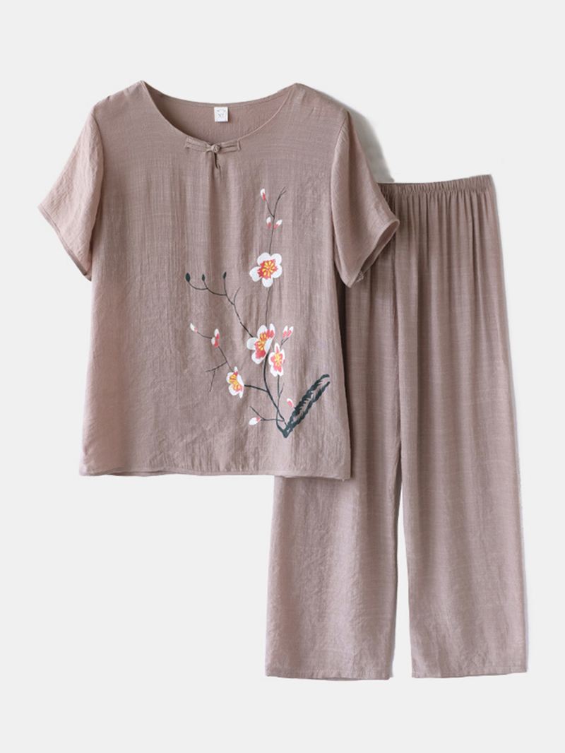 Kvinder Plus Størrelse Blomster Med Tryk Loungewear Sæt Åndbar Mandarin Button Løs Pyjamas