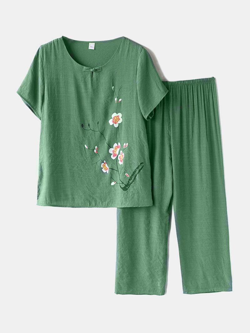 Kvinder Plus Størrelse Blomster Med Tryk Loungewear Sæt Åndbar Mandarin Button Løs Pyjamas