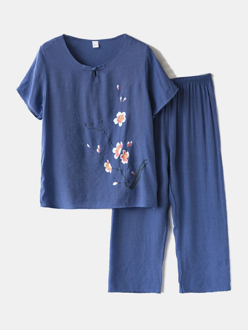 Kvinder Plus Størrelse Blomster Med Tryk Loungewear Sæt Åndbar Mandarin Button Løs Pyjamas