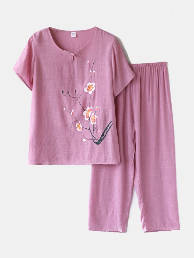 Kvinder Plus Størrelse Blomster Med Tryk Loungewear Sæt Åndbar Mandarin Button Løs Pyjamas